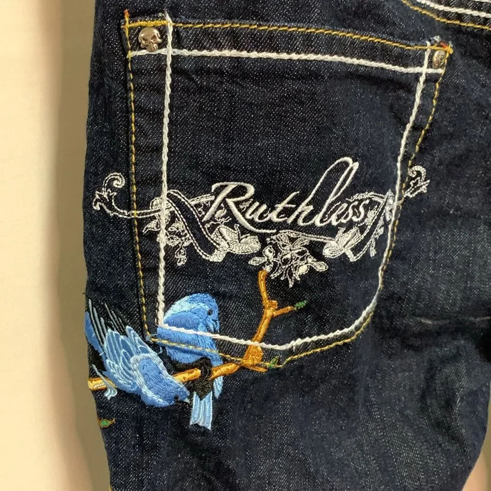 Ruthless Art NWOT Dark Blue Denim Low-Rise Embroidered Bootcut Jeans Sz 13/31